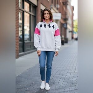 Vintage Magic USA Cat LOVE Quarter Zip Sweatshirt Pink Colorblock Women’s L